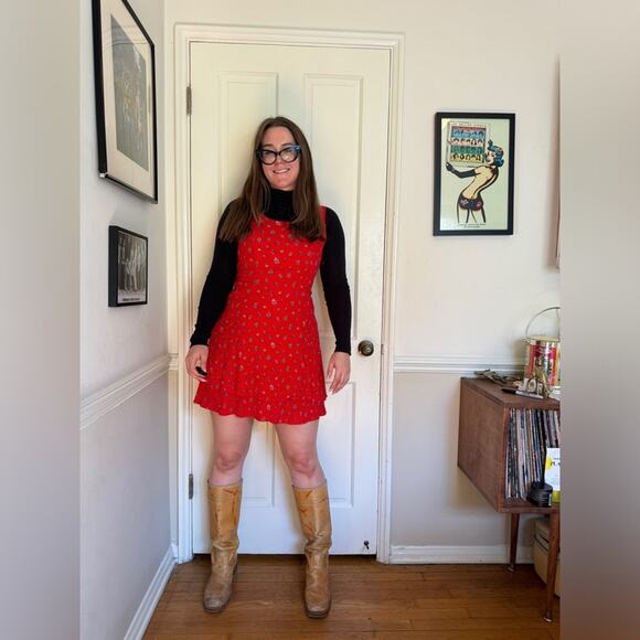 90s Vintage Red Floral Mini Dress with Flutter Hem - Picture 1 of 9